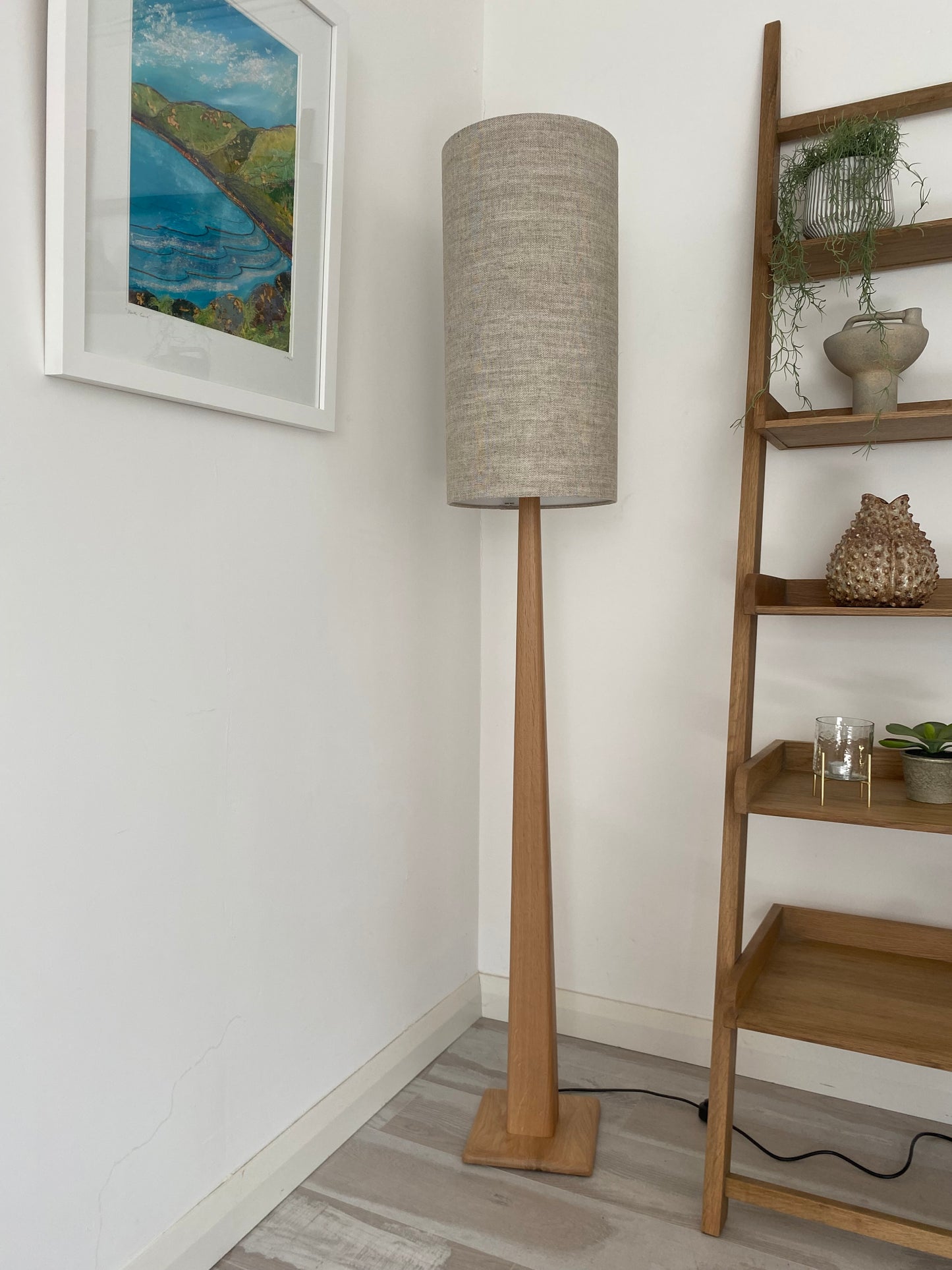 unlit Whiterocks floor lamp oak irish linen shade